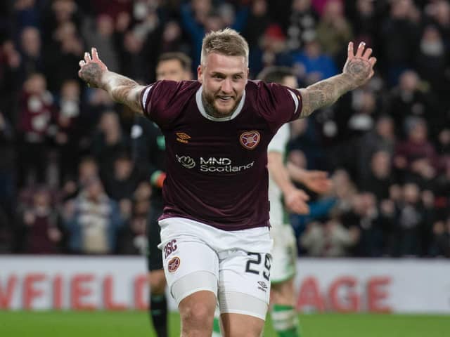 Stephen Humphrys celebrates after scoring for Hearts in the 3-0 derby win over Hibs on January 2. (Photo by Mark Scates / SNS Group)