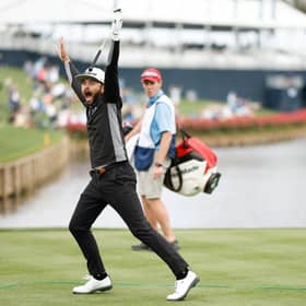 Hayden Buckley reacts to making his hole-in-one at the 17th at TPC Sawgrass in the opening round of The Players Championship in Ponte Vedra Beach, Florida. Picture: Jared C. Tilton/Getty Images.
