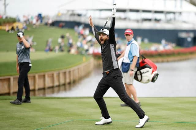 Hayden Buckley reacts to making his hole-in-one at the 17th at TPC Sawgrass in the opening round of The Players Championship in Ponte Vedra Beach, Florida. Picture: Jared C. Tilton/Getty Images.