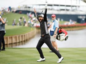 Hayden Buckley reacts to making his hole-in-one at the 17th at TPC Sawgrass in the opening round of The Players Championship in Ponte Vedra Beach, Florida. Picture: Jared C. Tilton/Getty Images.