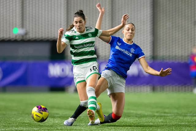 Celtic's Clarissa Larisey and Rangers' Hannah Davidson in action during a Scottish Women's Premier League match earlier this season.  (Photo by Ewan Bootman / SNS Group)