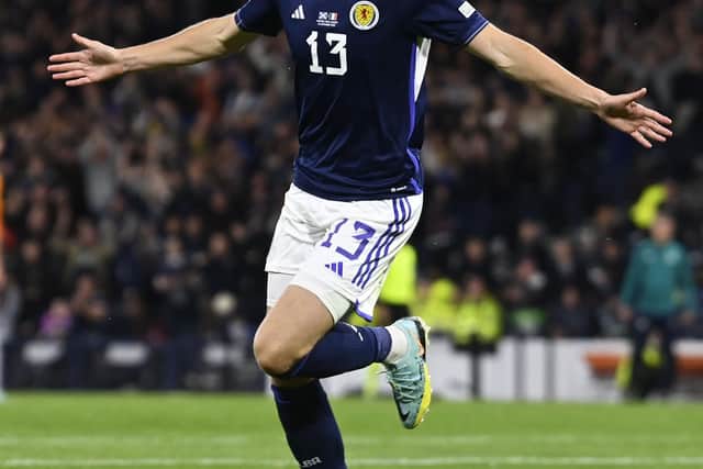 Jack Hendry celebrates his Scotland equaliser against Ireland at Hampden on Saturday.  (Photo by Rob Casey / SNS Group)