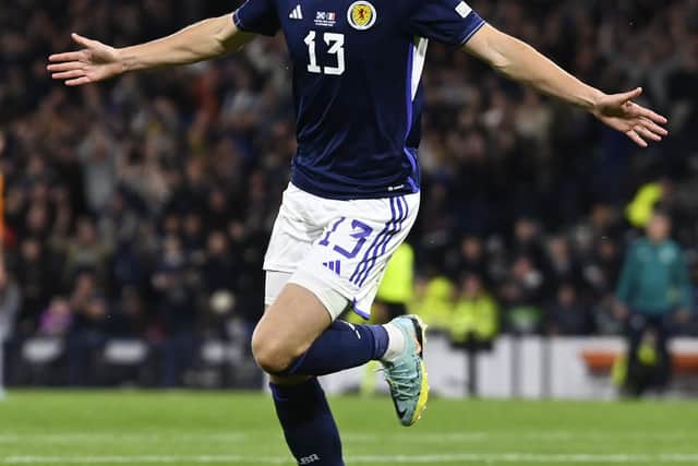 Jack Hendry celebrates his Scotland equaliser against Ireland at Hampden on Saturday.  (Photo by Rob Casey / SNS Group)