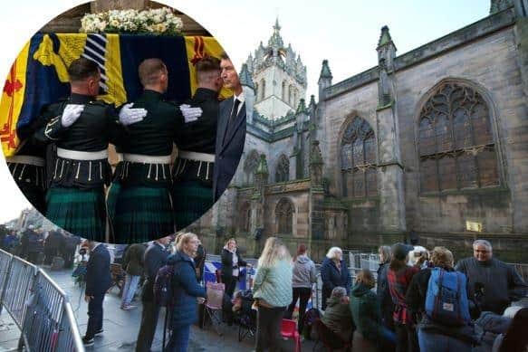 People gather outside St Giles' Cathedral, in Edinburgh, ahead of the Procession of Queen Elizabeth's coffin from the Palace of Holyroodhouse to the cathedral.