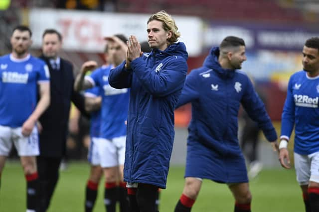 Rangers midfielder Todd Cantwell at full-time after the 4-2 win over Motherwell at Fir Park. (Photo by Rob Casey / SNS Group)