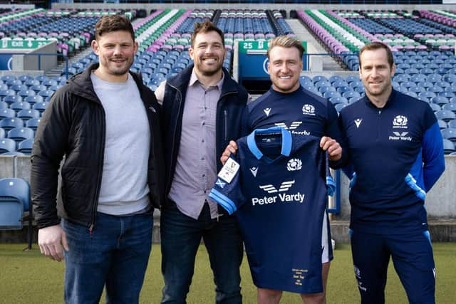 Stuart Hogg is pictured ahead of his 100th cap with fellow Scotland men's centurions Ross Ford, Sean Lamont and Chris Paterson.   (Photo by Craig Williamson / SNS Group)