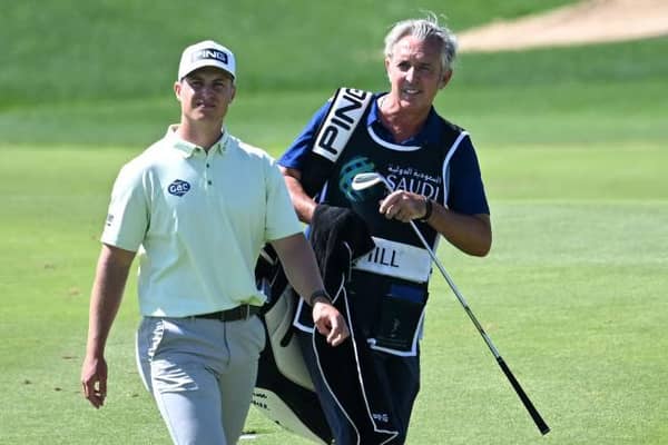 Calum Hill and caddie Phil Morbey during the Saudi International powered by SoftBank Investment Advisers at Royal Greens Golf and Country Club in King Abdullah Economic City. Picture: Ross Kinnaird/Getty Images.