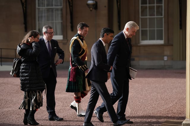 Newly elected leader of the Conservative Party Rishi Sunak, arrives at Buckingham Palace, London, for an audience with King Charles III where he will be invited to become Prime Minister and form a new government.