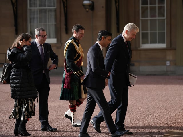 Newly elected leader of the Conservative Party Rishi Sunak, arrives at Buckingham Palace, London, for an audience with King Charles III where he will be invited to become Prime Minister and form a new government.