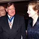 Sir Bernard Ingham talks to Baroness Thatcher at the 1998 Television and Radio Industry Club Awards in London (Picture: PA)