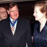 Sir Bernard Ingham talks to Baroness Thatcher at the 1998 Television and Radio Industry Club Awards in London (Picture: PA)