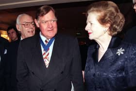 Sir Bernard Ingham talks to Baroness Thatcher at the 1998 Television and Radio Industry Club Awards in London (Picture: PA)