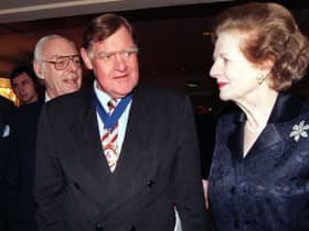 Sir Bernard Ingham talks to Baroness Thatcher at the 1998 Television and Radio Industry Club Awards in London (Picture: PA)