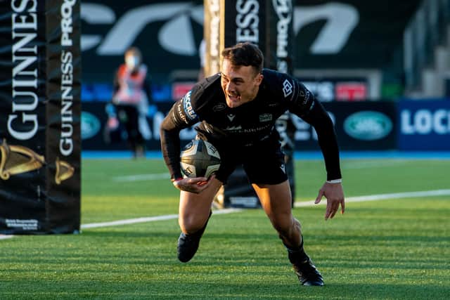 Cole Forbes celebrates his try against Edinburgh at Scotstoun. Picture: Ross MacDonald/SNS