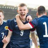 Rory Wilson celebrates his second as he makes it 2-2 during a European Under-17 Championship between Scotland and Czech Republic at the Falkirk Stadium, on March 23.  (Photo by Craig Foy / SNS Group)