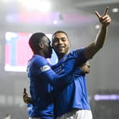 Rangers striker Cyriel Dessers celebrates with Rabbi Matondo (left) after opening the scoring in the win over Ross County. (Photo by Rob Casey / SNS Group)