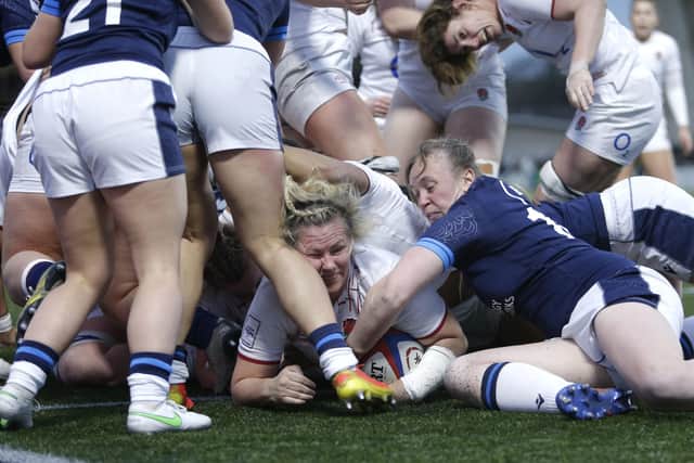 England's Marlie Packer scores a try during the TikTok Women's Six Nations match at Kingston Park against Scotland.