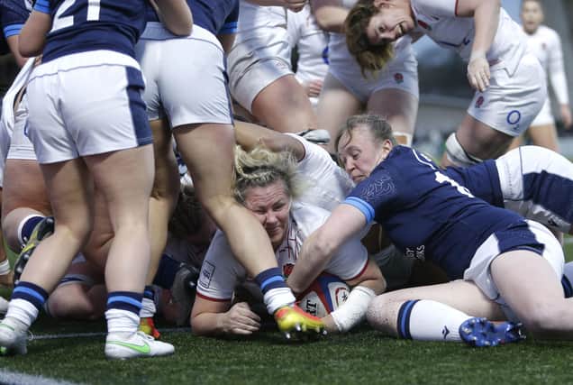 England's Marlie Packer scores a try during the TikTok Women's Six Nations match at Kingston Park against Scotland.