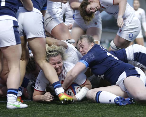 England's Marlie Packer scores a try during the TikTok Women's Six Nations match at Kingston Park against Scotland.