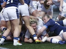 England's Marlie Packer scores a try during the TikTok Women's Six Nations match at Kingston Park against Scotland.