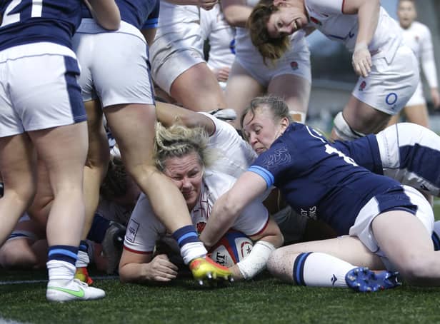 England's Marlie Packer scores a try during the TikTok Women's Six Nations match at Kingston Park against Scotland.