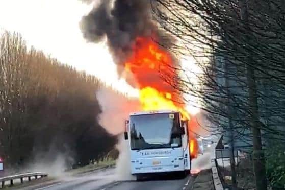 This school bus with pupils on board caught fire in Livingston in February 2019 after its engine overheated