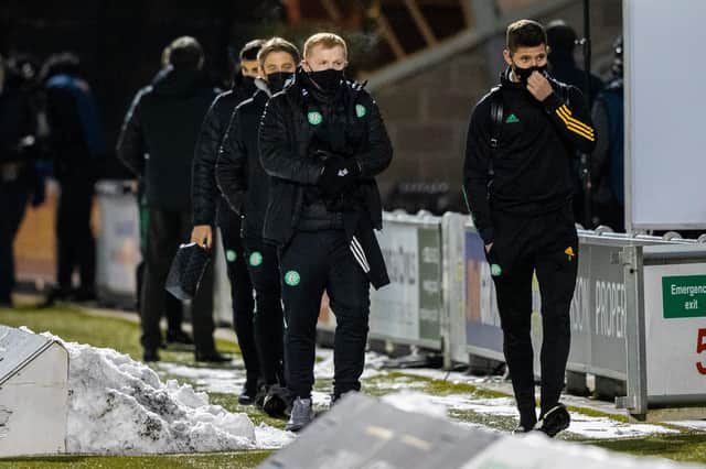 Celtic manager Neil Lennon (left) arrives for the Scottish Premiership match against St Mirren at The SMISA Stadium (Photo by Craig Williamson / SNS Group)