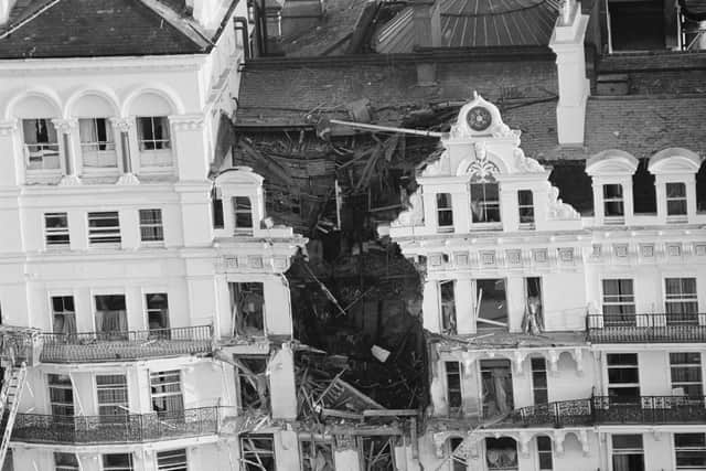 The Grand Hotel in Brighton after the IRA bombing during the Conservative party conference in October 1984. Picture: John Minihan/Express/Getty