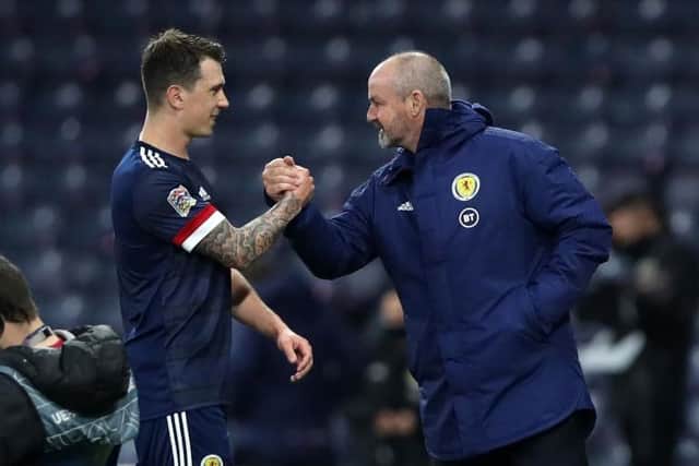 Ryan Jack of Scotland interacts with Steve Clarke Head Coach of Scotland after the UEFA Nations League group stage match between Scotland and Czech Republic at Hampden Park on October 14, 2020. (Photo by Ian MacNicol/Getty Images)