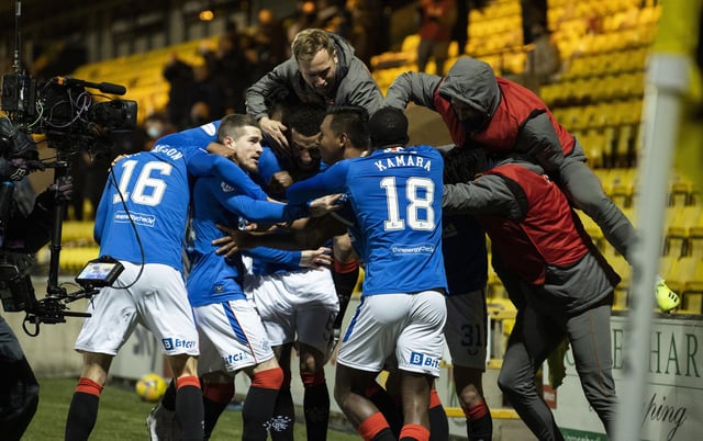 Alfredo Morelos celebrates after scoring to make it 1-0 Rangers during a Scottish Premiership match between Livingston and Rangers at The Tony Macaroni Arena, on March 03, 2021, in Livingston, Scotland. (Photo by Alan Harvey / SNS Group)