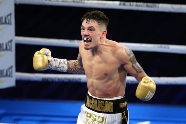 Lee McGregor celebrates his victory over Karim Guerfi to win the European bantamweight title. Picture: Alex Livesey/Getty Images
