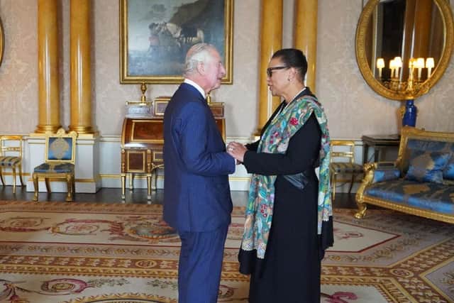 King Charles III during an audience with the Commonwealth Secretary General Baroness Patricia Scotland at Buckingham Palace following the Queen's death.