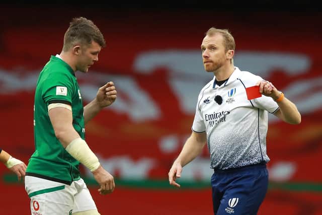 Ireland's Peter O'Mahony is sent off by referee Wayne Barnes during the Six Nations against Wales. He has been suspended for three weeks. Picture: David Rogers/Getty Images