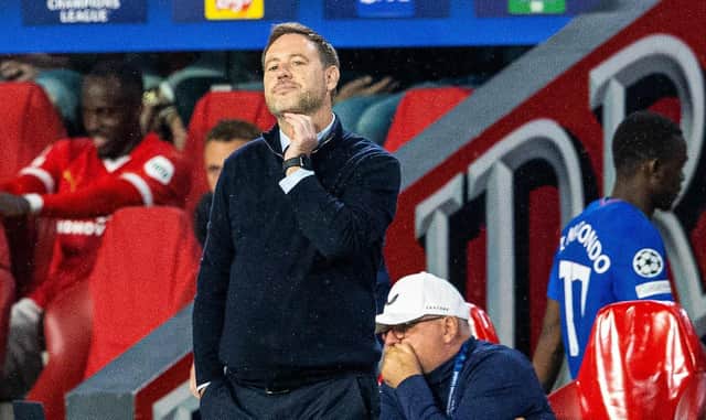 Rangers manager Michael Beale watches on during the 5-1 defeat by PSV.