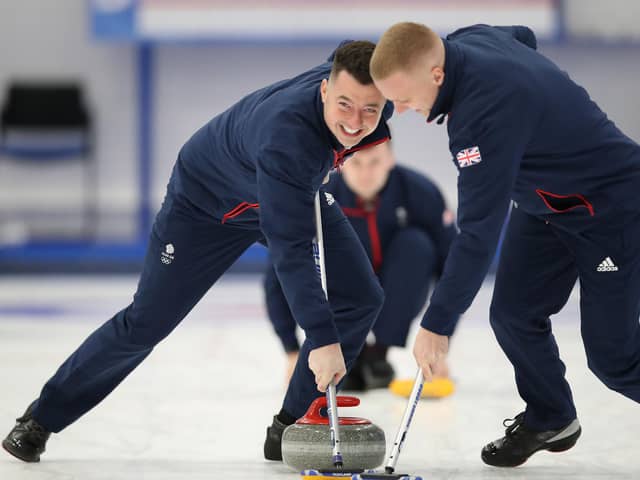 Hammy McMillan (left) and Bobby Lammie of Great Britain during the official announcement of the curling team selected for Team GB for the Beijing 2022 Winter Olympic Games (Photo by Ian MacNicol/Getty Images)