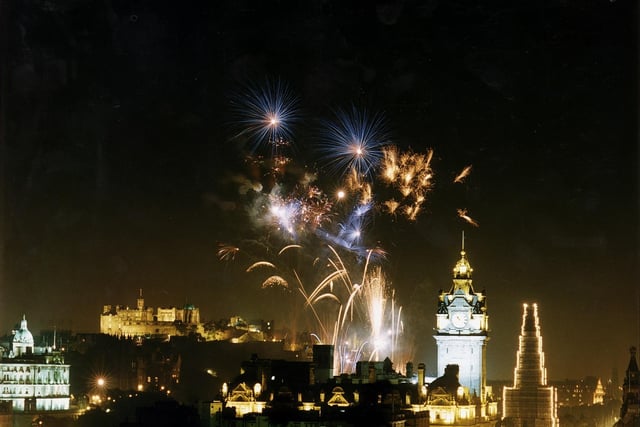 The Glenlivet Fireworks going off over Edinburgh to mark the end of the Edinburgh Festival in 1991.