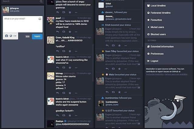 German developer Eugen Rochko released this image of Mastodon's user interface in 2017; there is also a single-column layout available.