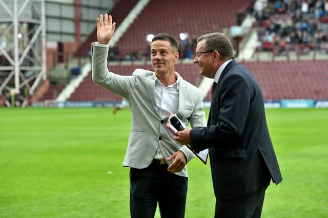 Black acknowledges Hearts fans on a return to Tynecastle in 2018.