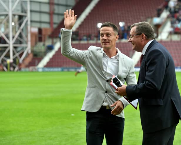 Black acknowledges Hearts fans on a return to Tynecastle in 2018.