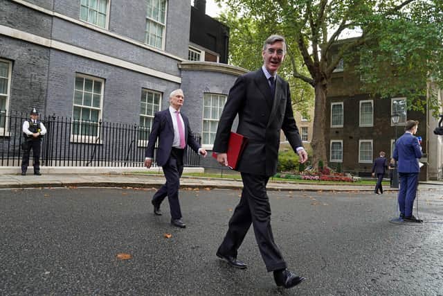Business Secretary Jacob Rees-Mogg leaving 10 Downing Street, London, following the first Cabinet meeting with the new Prime Minister Liz Truss.