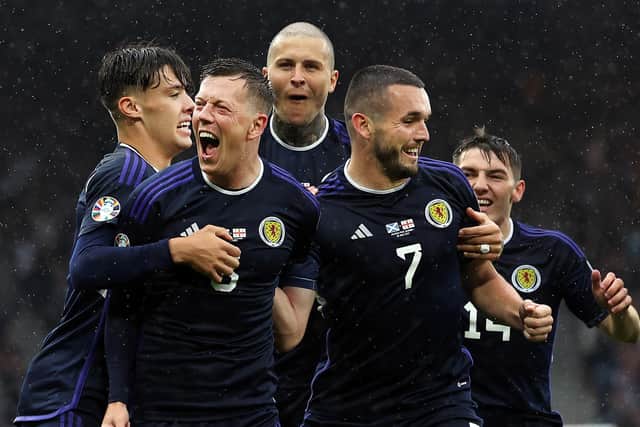 Scotland players celebrate Callum McGregor's opener in the 2-0 win over Georgia at Hampden Park on June 20, 2023. (Photo by Ian MacNicol/Getty Images)
