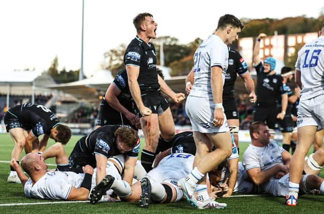 Glasgow Warriors' Stafford McDowell celebrates winning a penalty during the URC win over Leinster.
