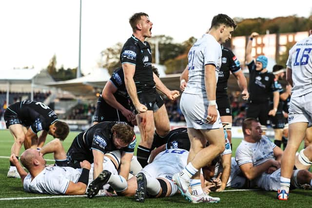 Glasgow Warriors' Stafford McDowell celebrates winning a penalty during the URC win over Leinster.