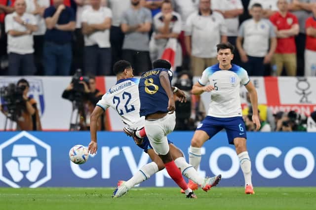 Aurelien Tchouameni scores a spectacular opener to set France on the way to a 2-1 win over England in Qatar  (Photo by Dan Mullan/Getty Images)