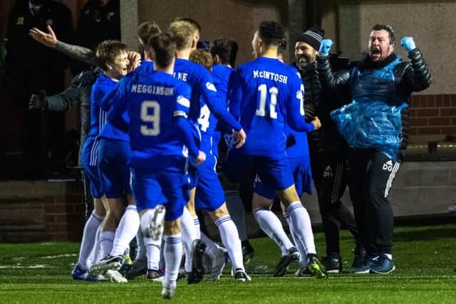 Cove Rangers celebrate Ryan Strachan's late winner during a Scottish Cup tie between Alloa Athletic and Cove Rangers at The Indodrill Stadium, on January 09, 2021, in Alloa, Scotland. (Photo by Mark Scates / SNS Group)