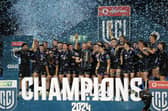 Glasgow Warriors players celebrate with the trophy after winning the United Rugby Championship at Loftus Versfeld stadium in Pretoria last season. (Photo by PHILL MAGAKOE/AFP via Getty Images)