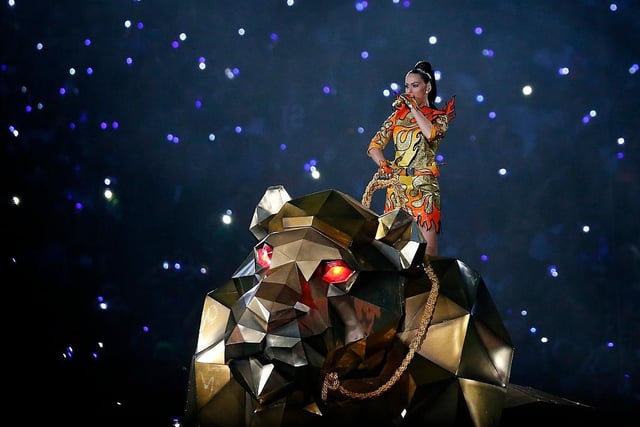 Katy Perry arrived on an enormous golden lion in 2015, but a badly dancing shark stole the headlines. Her performance, which also featured Missy Elliott and Lenny Kravitz, has been watched 75 million times.