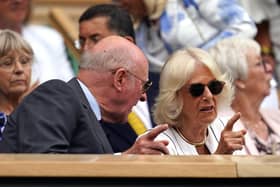 Queen Camilla and AELTC chairman Ian Hewitt (left) in the royal box at the 2023 Wimbledon Championships. Picture: John Walton/PA Wire