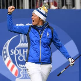 Europe's Suzann Pettersen reacts to the crowd on the 1st tee during the singles on the third day of 2018 Solheim Cup at Gleneagles. Picture: ANDY BUCHANAN/AFP via Getty Images.