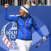 Europe's Suzann Pettersen reacts to the crowd on the 1st tee during the singles on the third day of 2018 Solheim Cup at Gleneagles. Picture: ANDY BUCHANAN/AFP via Getty Images.